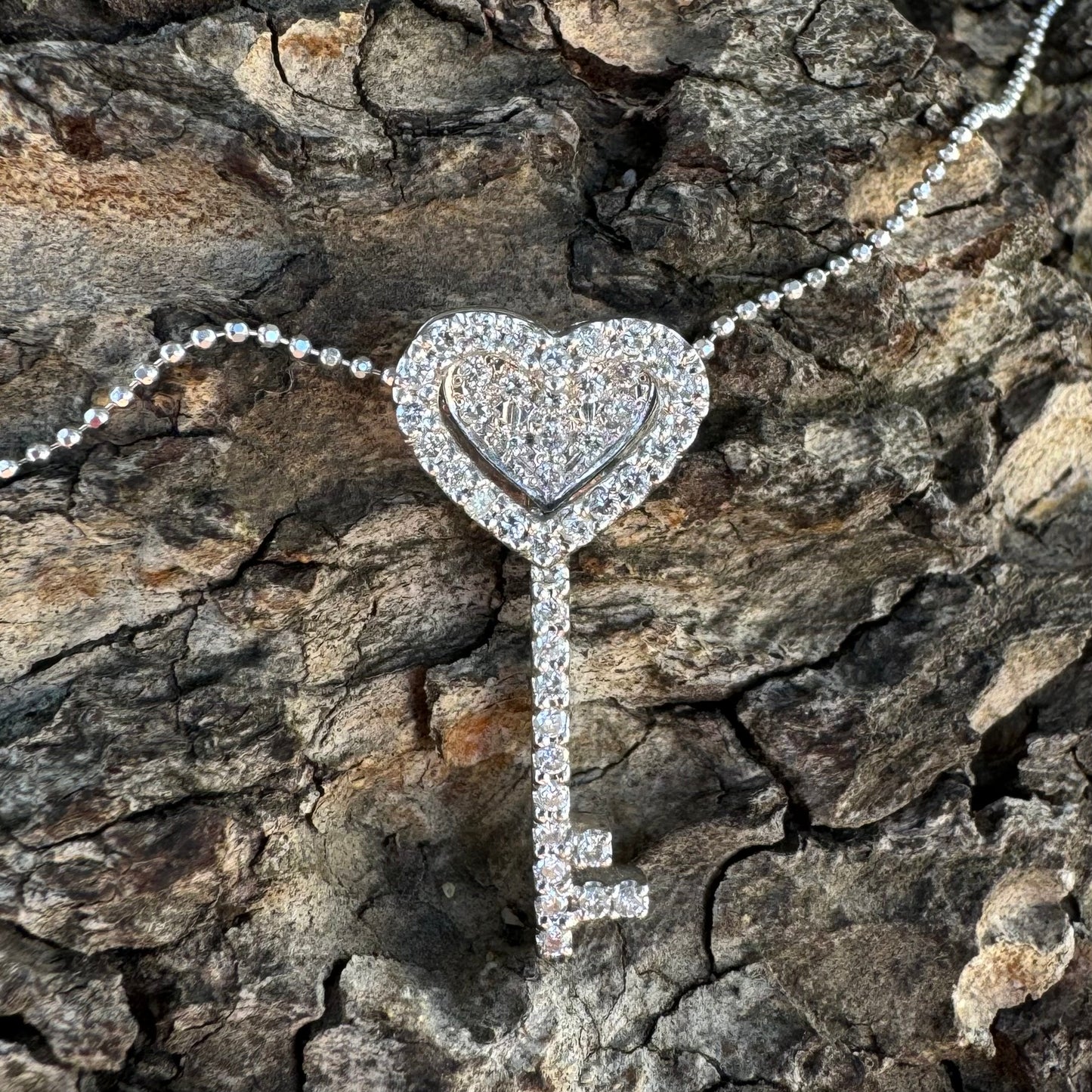Platinum Diamond Heart Key Necklace