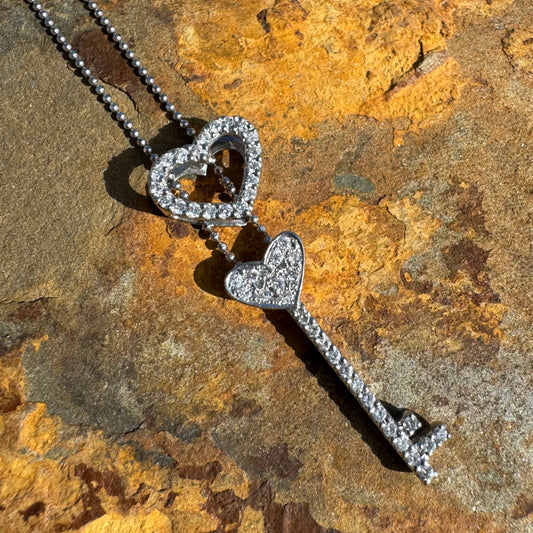 Platinum Diamond Heart Key Necklace