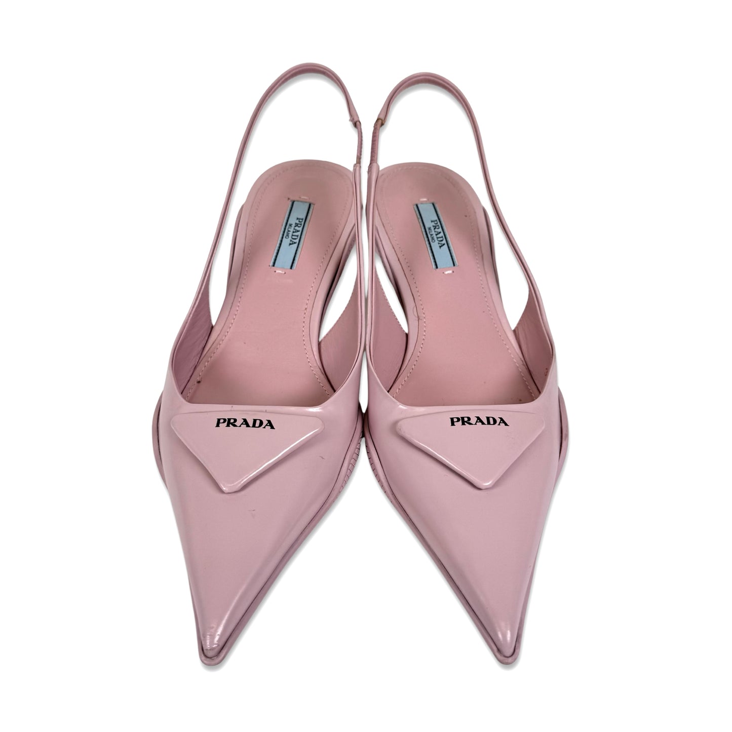 Prada Logo Plaque Pointed Toe Slingback Pumps