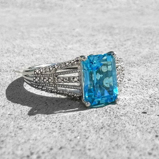 Custom Blue Topaz and Diamonds White Gold Ring