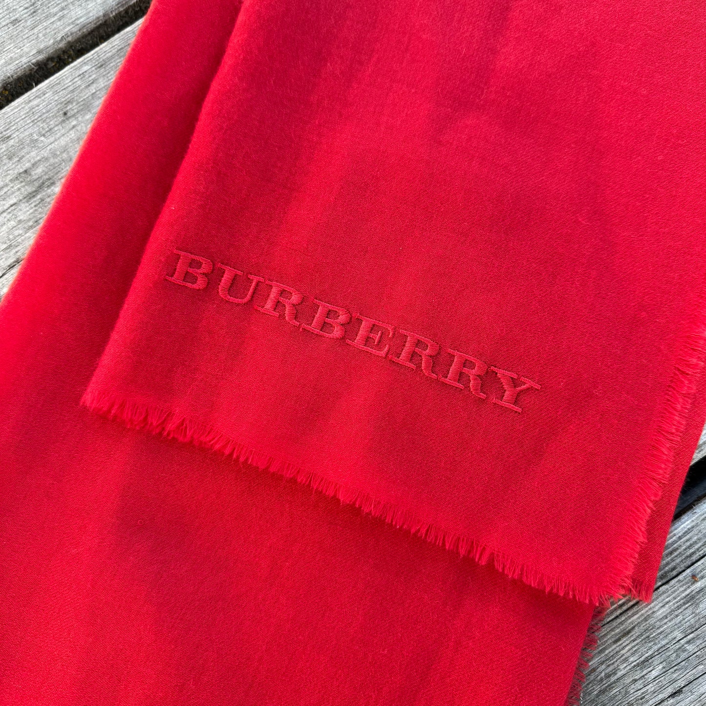 Burberry Silk Wool Fringe Red Scarf