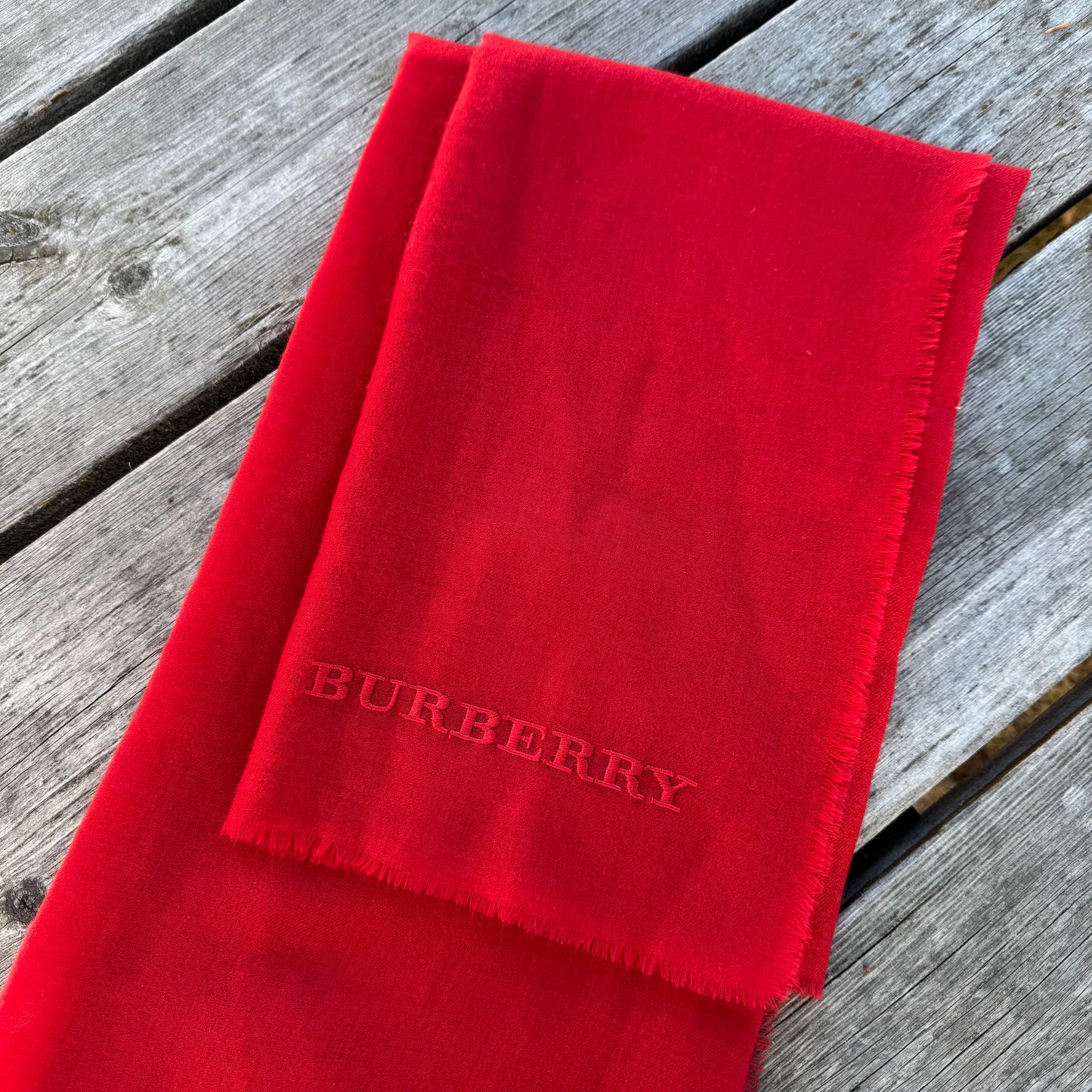 Burberry Silk Wool Fringe Red Scarf