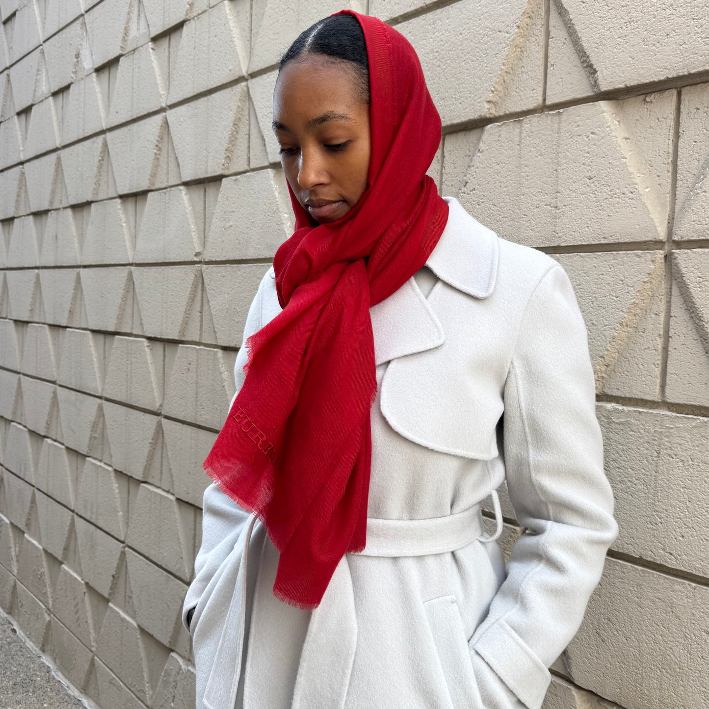 Burberry Silk Wool Fringe Red Scarf