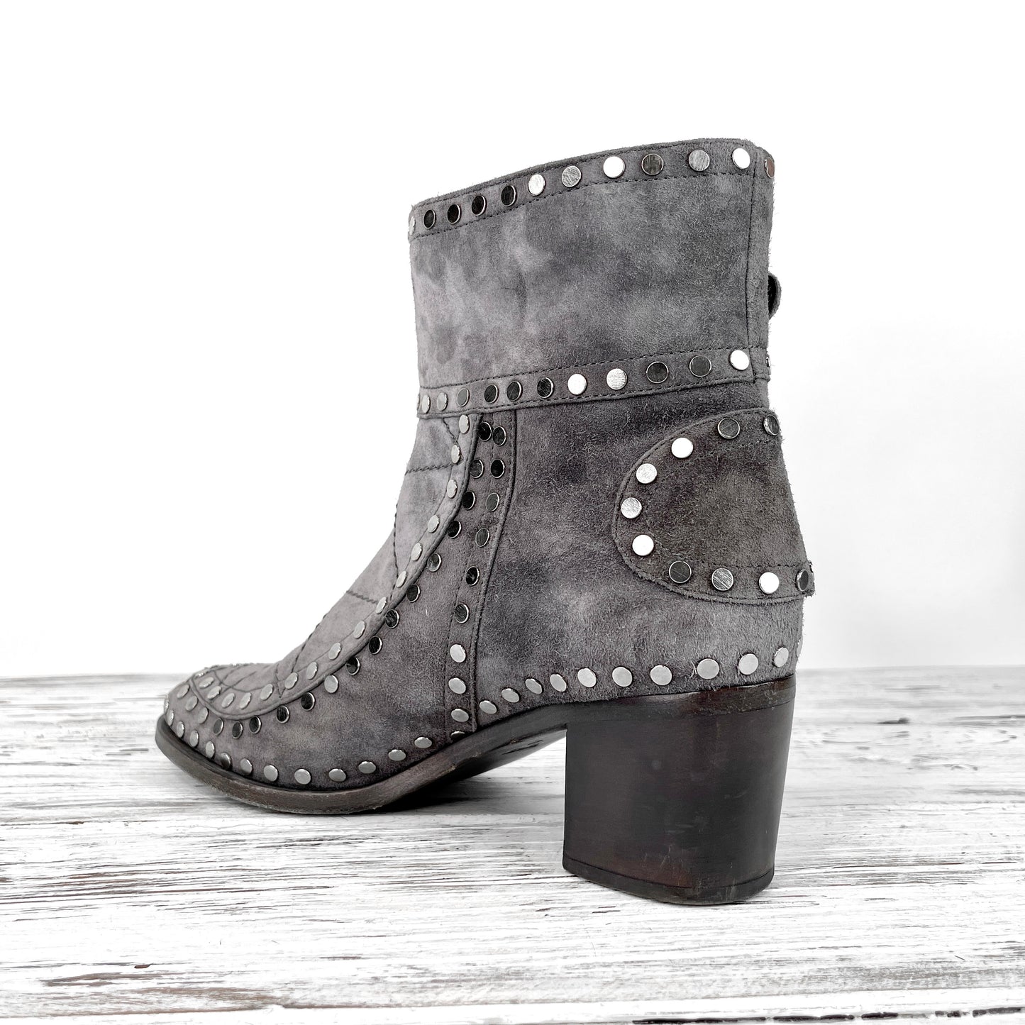 DECADE Grey Suede Leather Gatsby Ankle Boots