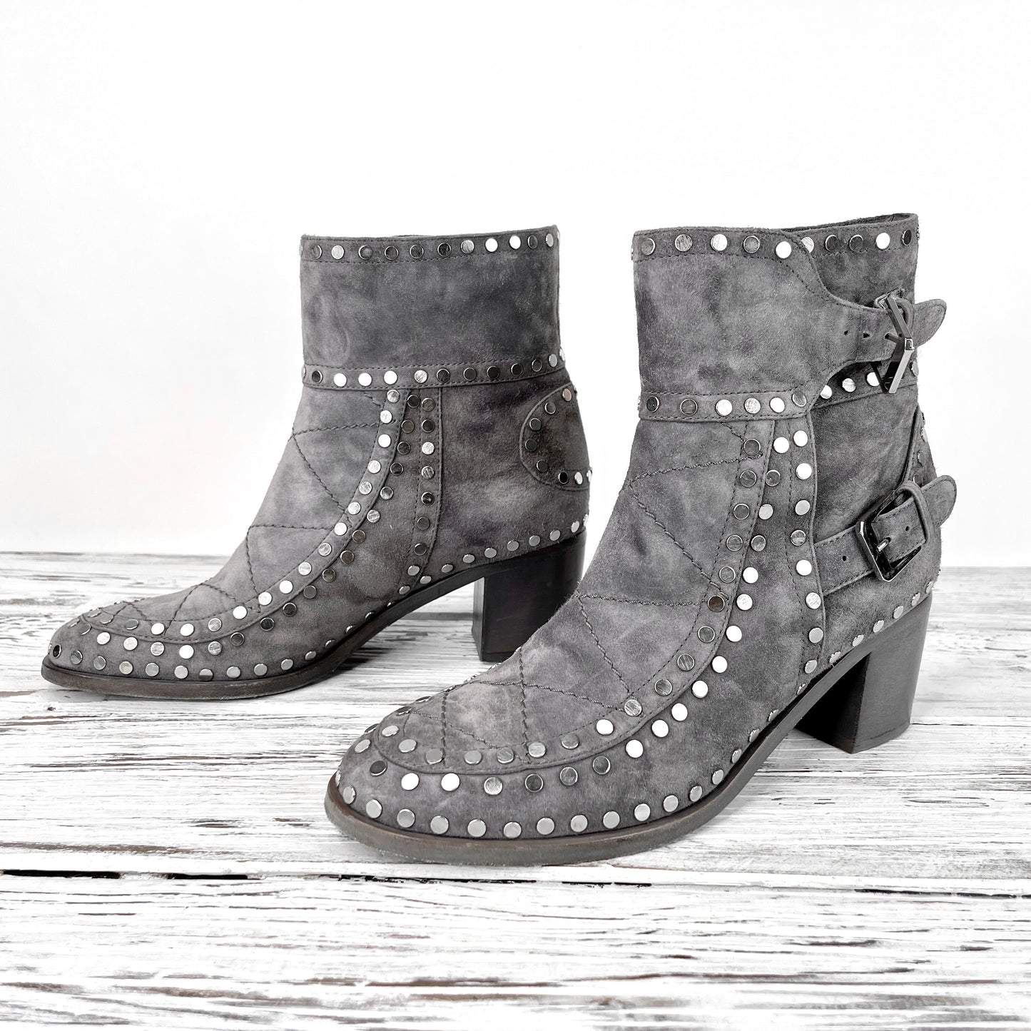 DECADE Grey Suede Leather Gatsby Ankle Boots